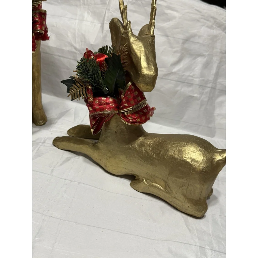 Pair Of Papier Mache Gold Deer Christmas Decorations Reindeer Figurines Holiday - Picture 2 of 7